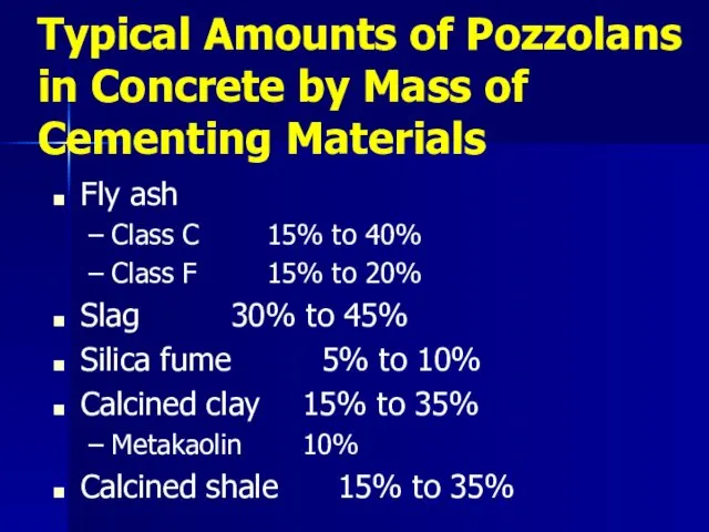 Typical Amounts of Pozzolans in Concrete by Mass of Cementing