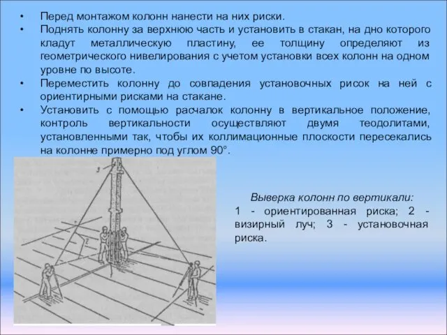 Перед монтажом колонн нанести на них риски. Поднять колонну за