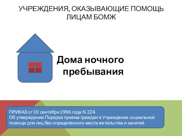 УЧРЕЖДЕНИЯ, ОКАЗЫВАЮЩИЕ ПОМОЩЬ ЛИЦАМ БОМЖ Дома ночного пребывания ПРИКАЗ от