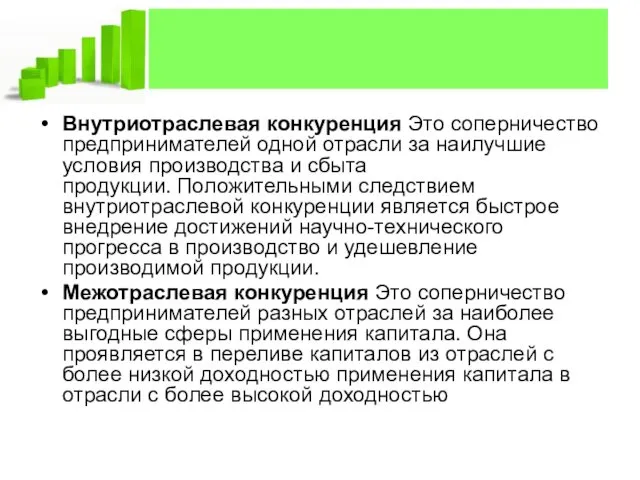 Внутриотраслевая конкуренция Это соперничество предпринимателей одной отрасли за наилучшие условия