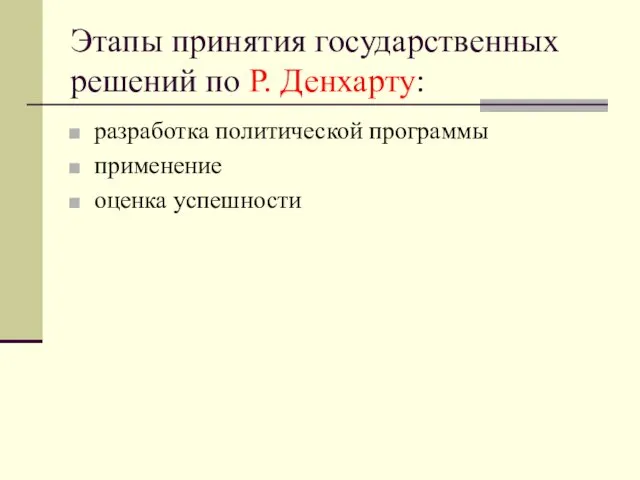 Этапы принятия государственных решений по Р. Денхарту: разработка политической программы применение оценка успешности