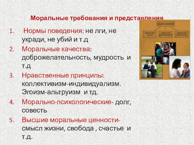 Моральные требования и представления Нормы поведения: не лги, не укради,