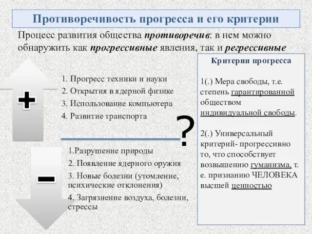 Противоречивость прогресса и его критерии Процесс развития общества противоречив: в