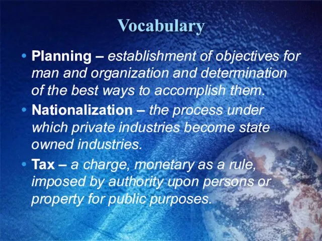 Vocabulary Planning – establishment of objectives for man and organization