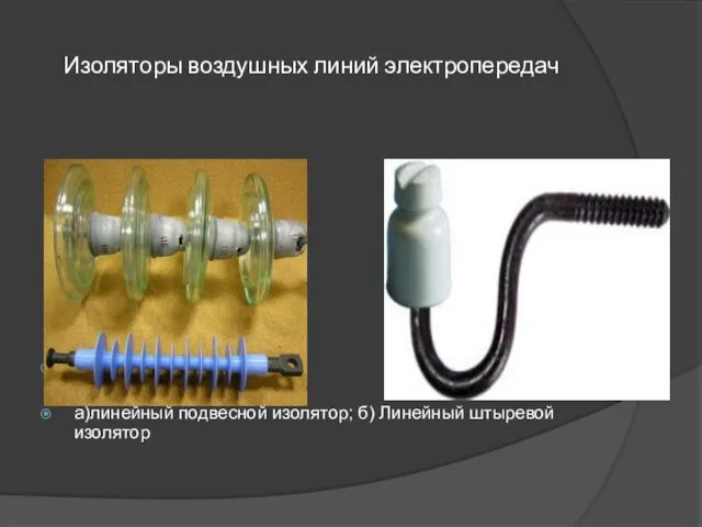 Изоляторы воздушных линий электропередач а) б) а)линейный подвесной изолятор; б) Линейный штыревой изолятор