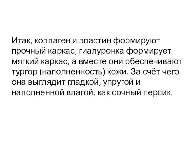 Итак, коллаген и эластин формируют прочный каркас, гиалуронка формирует мягкий