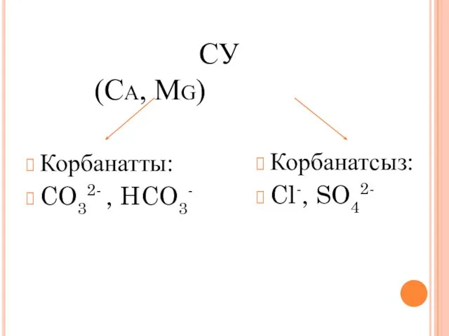 СУ (Са, Mg) Корбанатты: CO32- , HCO3- Корбанатсыз: Cl-, SO42-
