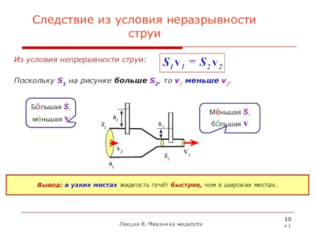 Из условия непрерывности струи: Поскольку S1 на рисунке больше S2,