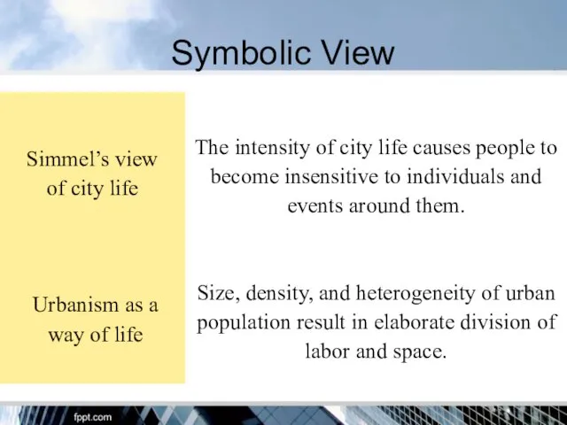 Symbolic View Simmel’s view of city life The intensity of city life causes