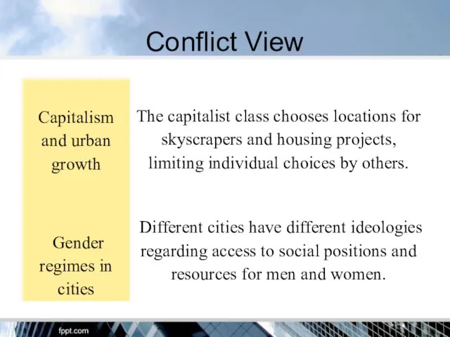 Conflict View The capitalist class chooses locations for skyscrapers and housing projects, limiting