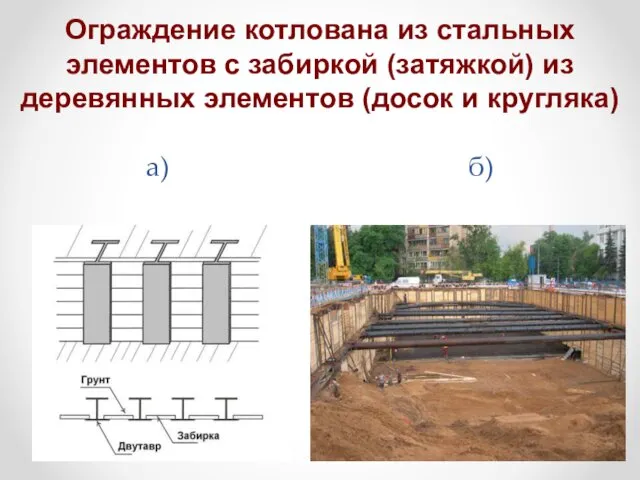 Ограждение котлована из стальных элементов с забиркой (затяжкой) из деревянных элементов (досок и кругляка) а) б)