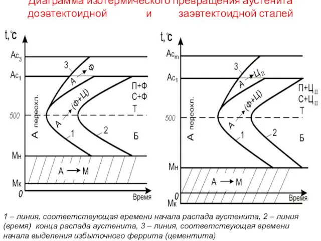 Диаграмма изотермического превращения аустенита доэвтектоидной и заэвтектоидной сталей 1 –