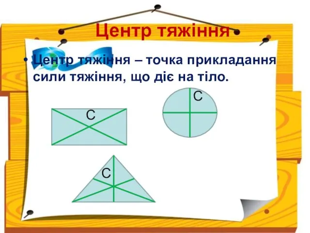 Центр тяжіння Центр тяжіння – точка прикладання сили тяжіння, що діє на тіло. С С С