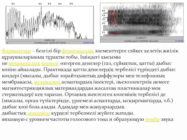 Форманттар – белгілі бір фонетикалық элементтерге сәйкес келетін жиілік құраушыларының
