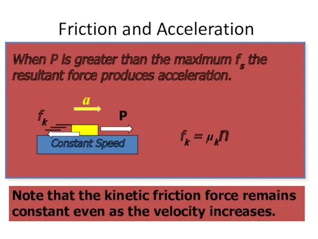 Friction and Acceleration Note that the kinetic friction force remains