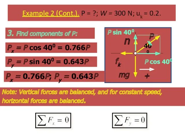 Example 2 (Cont.). P = ?; W = 300 N;