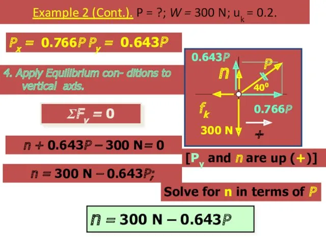 Example 2 (Cont.). P = ?; W = 300 N;