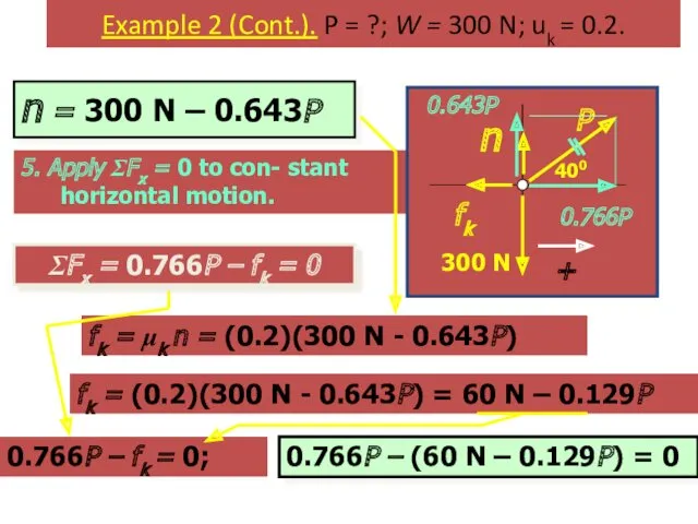 Example 2 (Cont.). P = ?; W = 300 N;