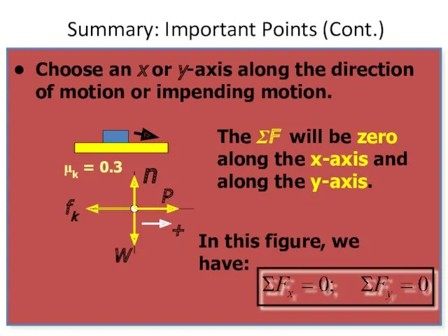 Summary: Important Points (Cont.) The ΣF will be zero along the x-axis and along the y-axis.