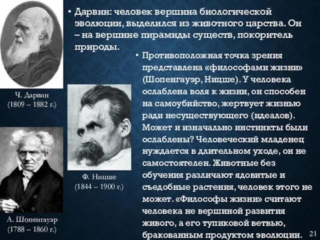 Противоположная точка зрения представлена «философами жизни» (Шопенгауэр, Ницше). У человека