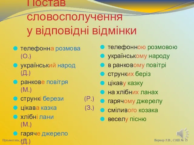 Постав словосполучення у відповідні відмінки телефонна розмова (О.) український народ (Д.) ранкове повітря