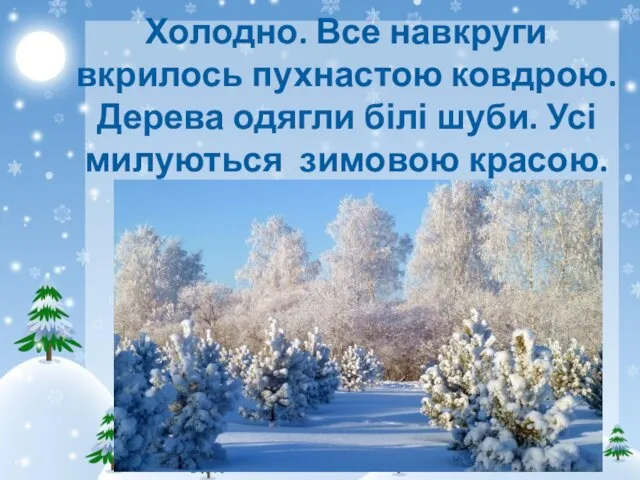 Холодно. Все навкруги вкрилось пухнастою ковдрою. Дерева одягли білі шуби. Усі милуються зимовою красою.