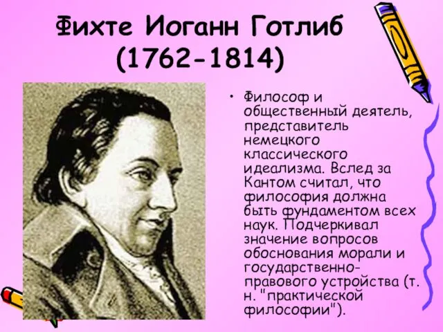 Фихте Иоганн Готлиб (1762-1814) Философ и общественный деятель, представитель немецкого