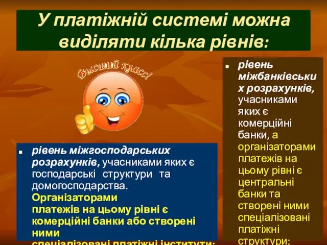 У платіжній системі можна виділяти кілька рівнів: рівень міжгосподарських розрахунків,