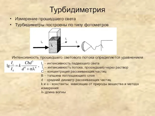 Турбидиметрия Измерение прошедшего света Турбидиметры построены по типу фотометров Интенсивность