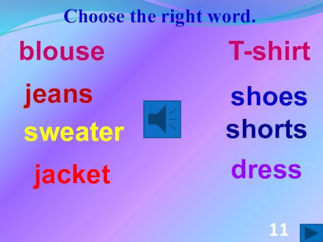 Choose the right word. dress shoes shorts jacket jeans blouse T-shirt sweater 11