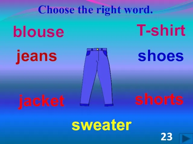 Choose the right word. shoes shorts jacket jeans blouse sweater T-shirt 23