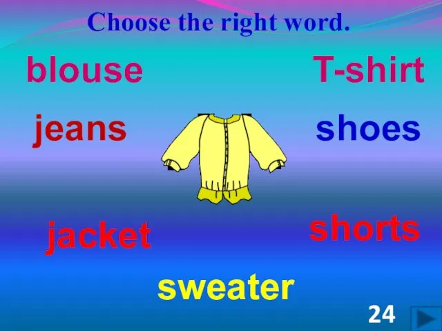 Choose the right word. shoes shorts jacket jeans blouse sweater T-shirt 24