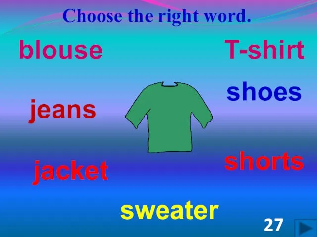 Choose the right word. shoes shorts jacket jeans blouse sweater T-shirt 27