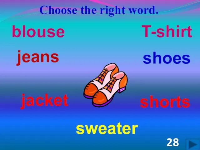 Choose the right word. shoes shorts jacket jeans blouse sweater T-shirt 28