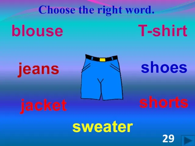 Choose the right word. shoes shorts jacket jeans blouse sweater T-shirt 29