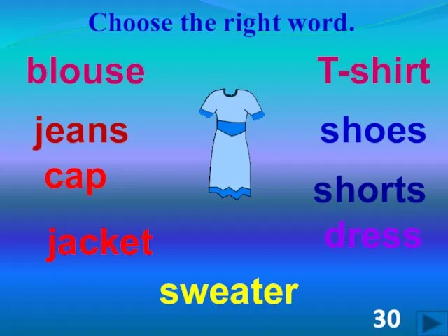 Choose the right word. dress shoes cap shorts jacket jeans blouse T-shirt sweater 30