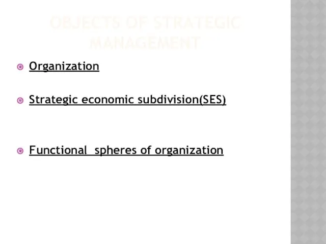 OBJECTS OF STRATEGIC MANAGEMENT Organization Strategic economic subdivision(SES) Functional spheres of organization