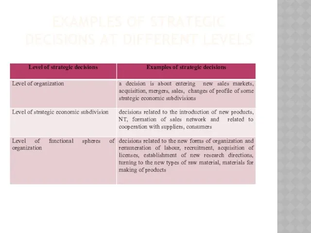 EXAMPLES OF STRATEGIC DECISIONS AT DIFFERENT LEVELS