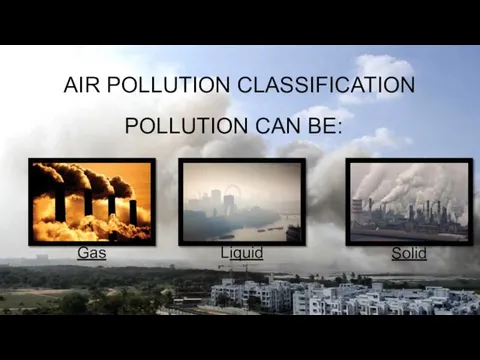 AIR POLLUTION CLASSIFICATION POLLUTION CAN BE: Gas Liquid Solid