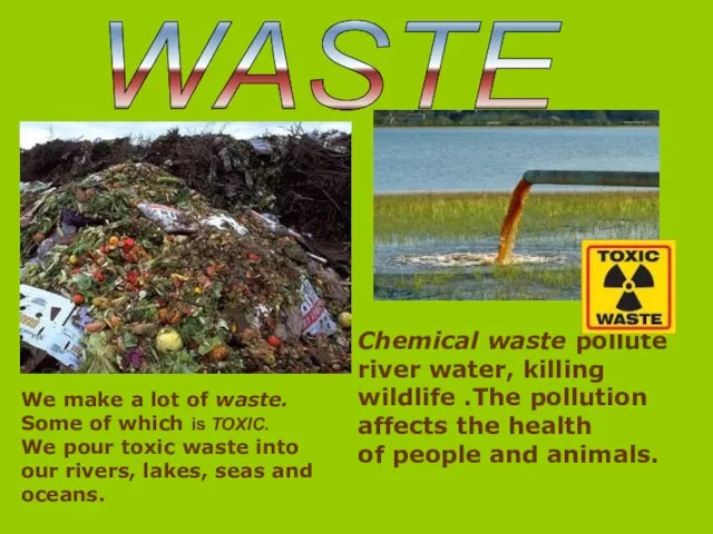 WASTE Chemical waste pollute river water, killing wildlife .The pollution affects the health