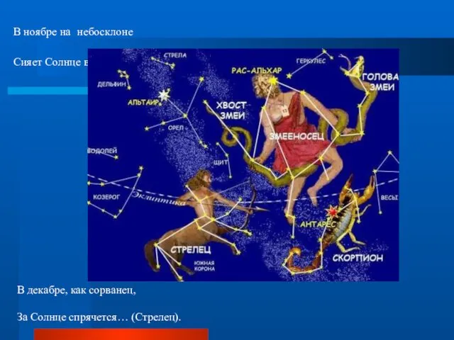 В ноябре на небосклоне Сияет Солнце в… (Скорпионе). В декабре, как сорванец, За Солнце спрячется… (Стрелец).