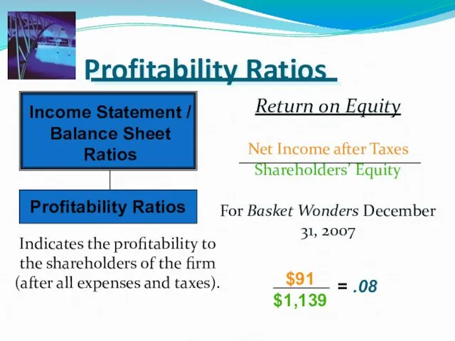 Profitability Ratios Return on Equity Net Income after Taxes Shareholders’