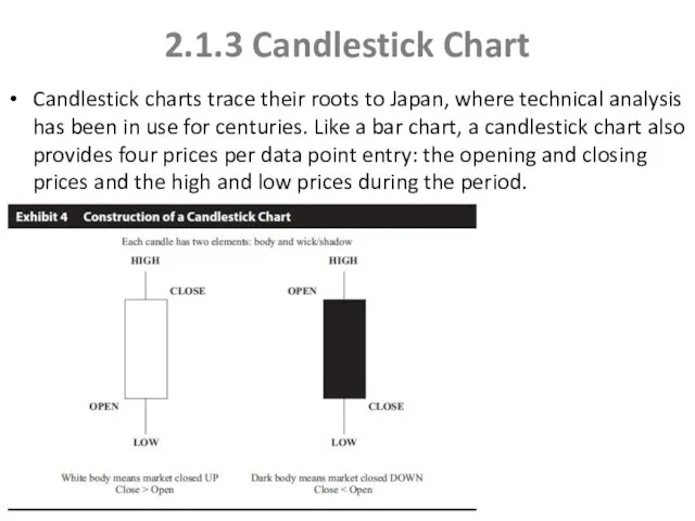 2.1.3 Candlestick Chart Candlestick charts trace their roots to Japan,