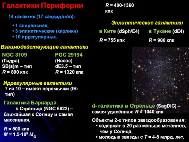 Галактики Периферии 14 галактик (17 кандидатов): • 1 спиральная, •