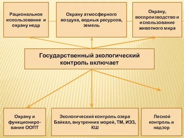 Государственный экологический контроль включает Рациональное использование и охрану недр Охрану атмосферного воздуха, водных