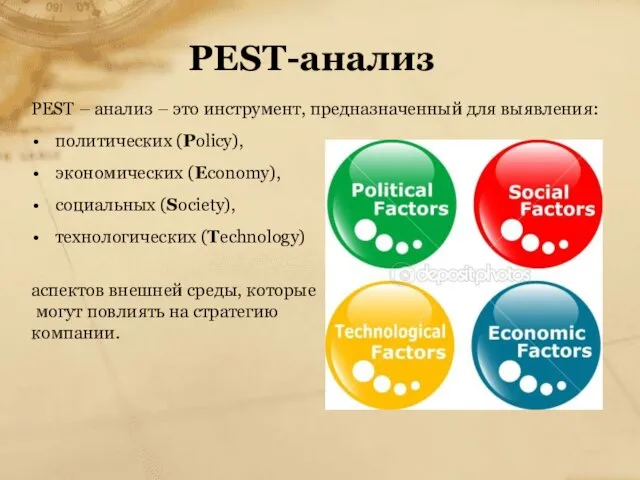 PEST-анализ PEST – анализ – это инструмент, предназначенный для выявления: