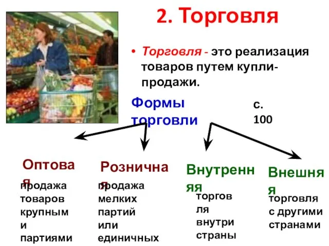 2. Торговля Торговля - это реализация товаров путем купли-продажи. Формы