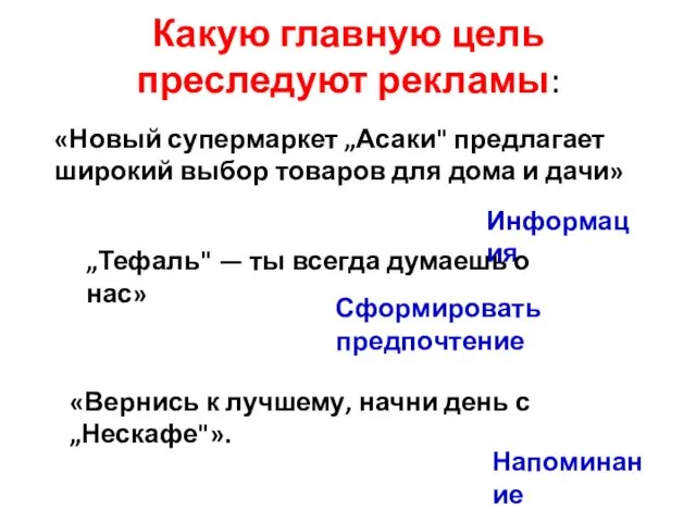 Какую главную цель преследуют рекламы: «Новый супермаркет „Асаки" предлагает широкий