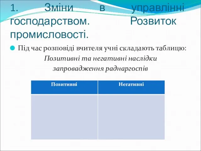 1. Зміни в управлінні господарством. Розвиток промисловості. Під час розповіді