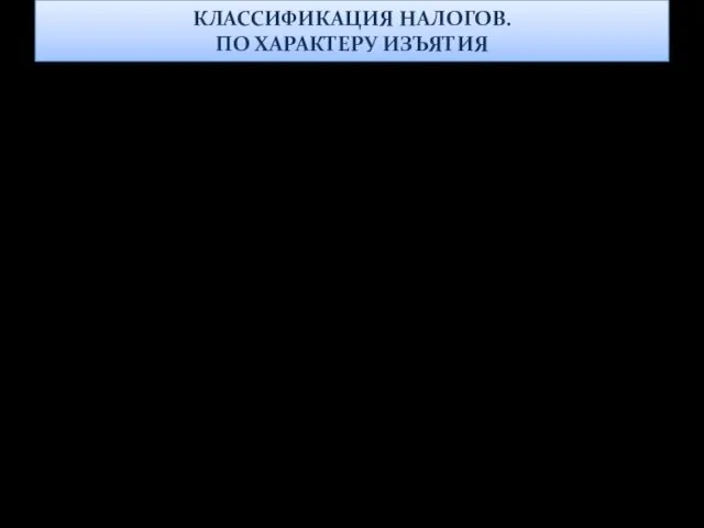 КЛАССИФИКАЦИЯ НАЛОГОВ. ПО ХАРАКТЕРУ ИЗЪЯТИЯ Прямые НДФЛ (подоходный. Налог на